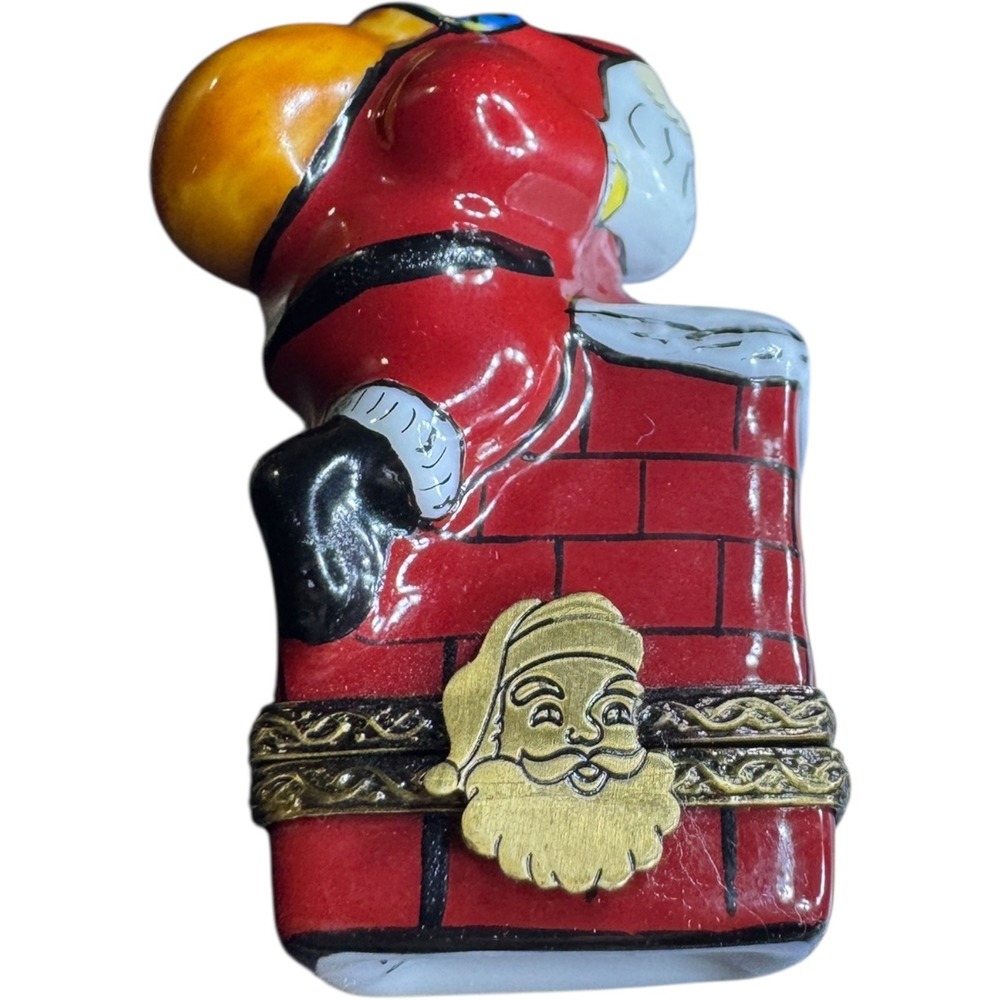 Limoges France Peint Main Santa in Chimney Trinket Box Christmas Gold Clasp - Picture 3 of 8